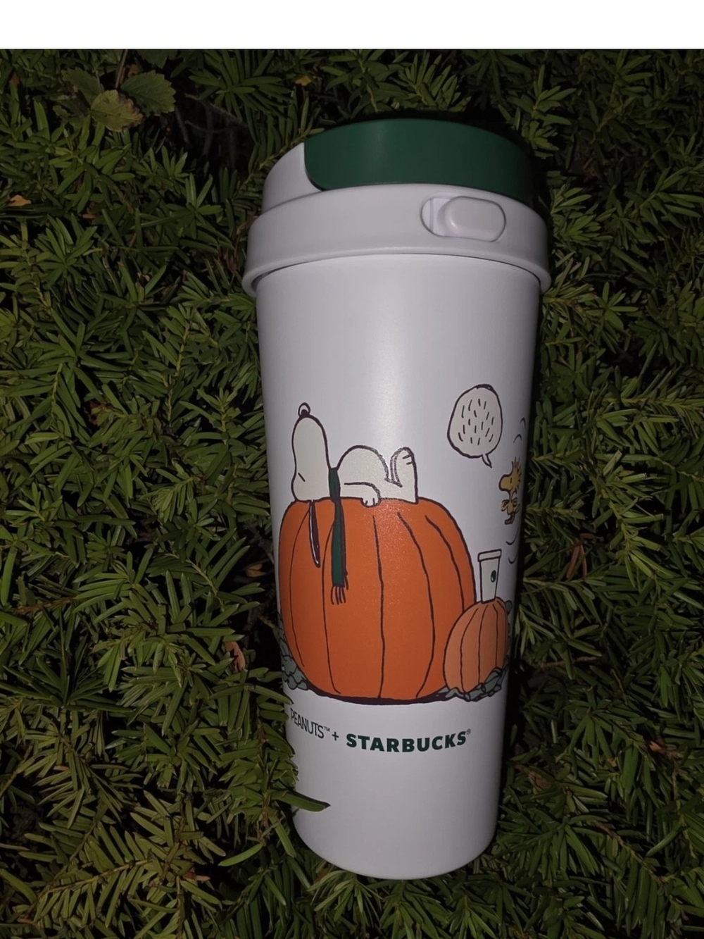 Starbucks Peanuts Snoopy Pumpkin White Travel Tumbler - Green Lid New In Package